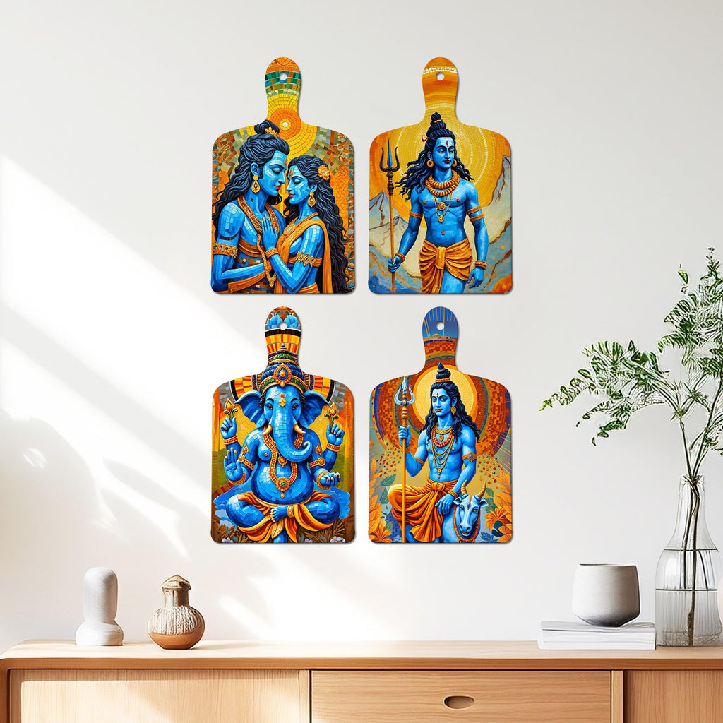 Artvibes Lord Shiva Maa Parvati & Ganesh Devotional Art Auspicious Wooden Art Work Wall Hanging | Spiritual Decor Items | Vastu Paintings | Wall Illustrations | Gift Items (WH_5661N), Set of 4