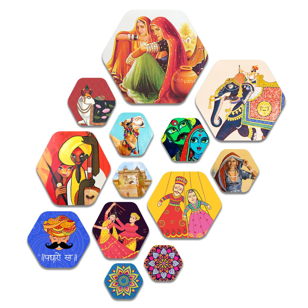 Artvibes Indian Diverse Culture Hexagon Shape MDF Wooden Wall Decor Items | Wall Sculpture | Signs & Plaques | Handcrafted Art | Artwork | Aesthetic Wooden Decor | Unique Gift (WPS_221N), Set of 13