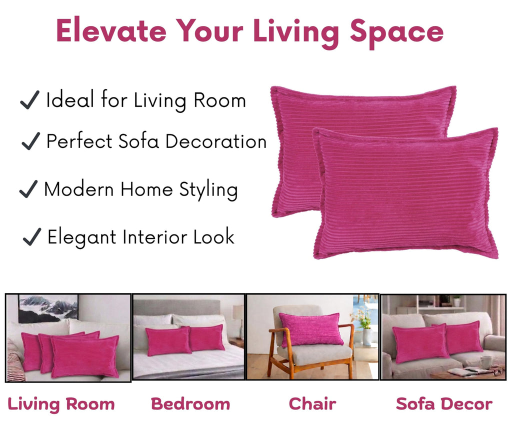 RD TREND® Corduroy Self Stripe 250 GSM Rectangular 18x 28 Inches Cushion Covers Set of 2 | Throw Pillow Covers for Sofa, Bed & Living Room | Perfect for Home Décor Magenta