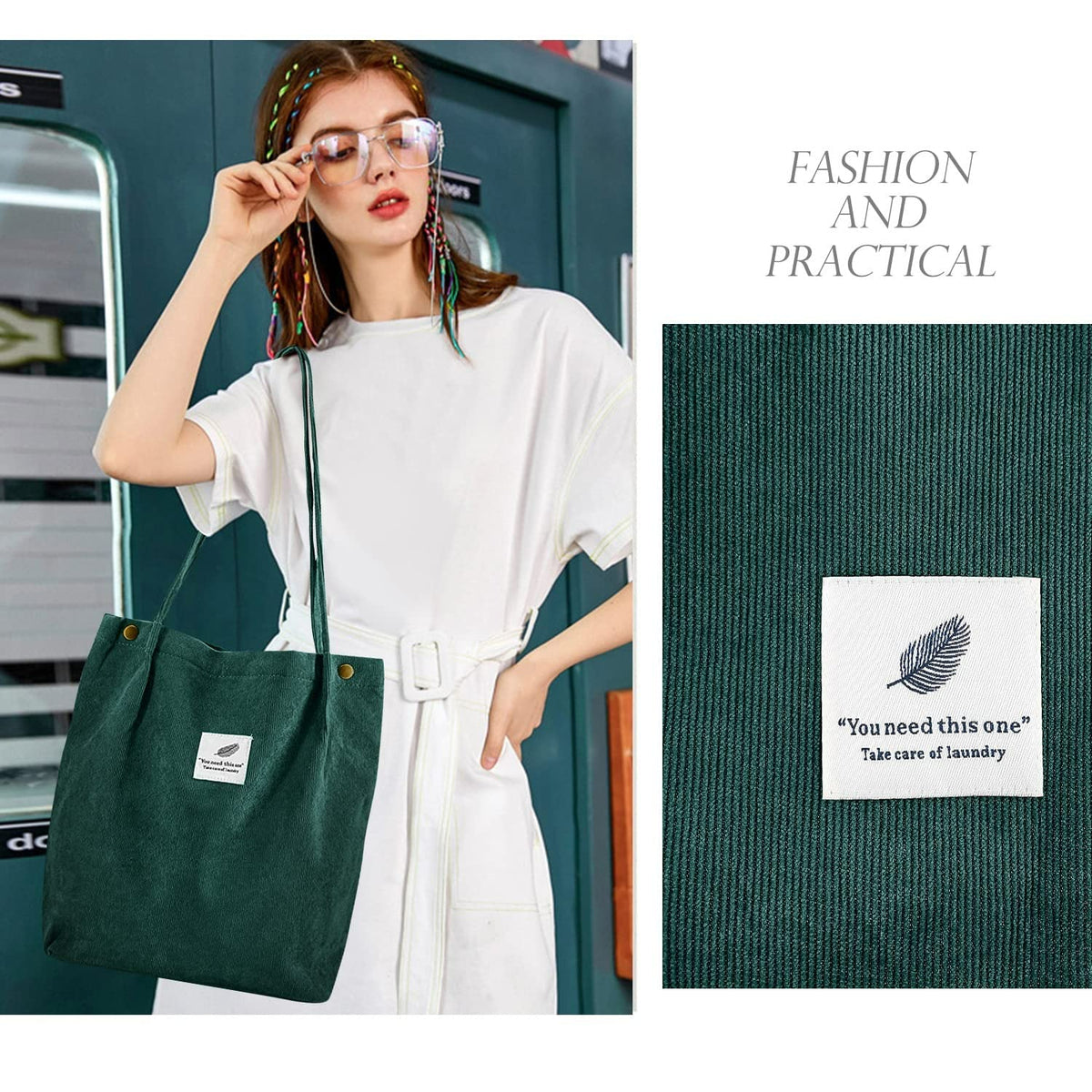 Street27 Korean Canvas Corduroy Tote Bag Casual Work Shoulder Handbags, Multi-Purpose Bag, Sturdy Canvas Bag With Large Capacity, Shopping Bag For Office, College & Daily Use (Green, Womens)