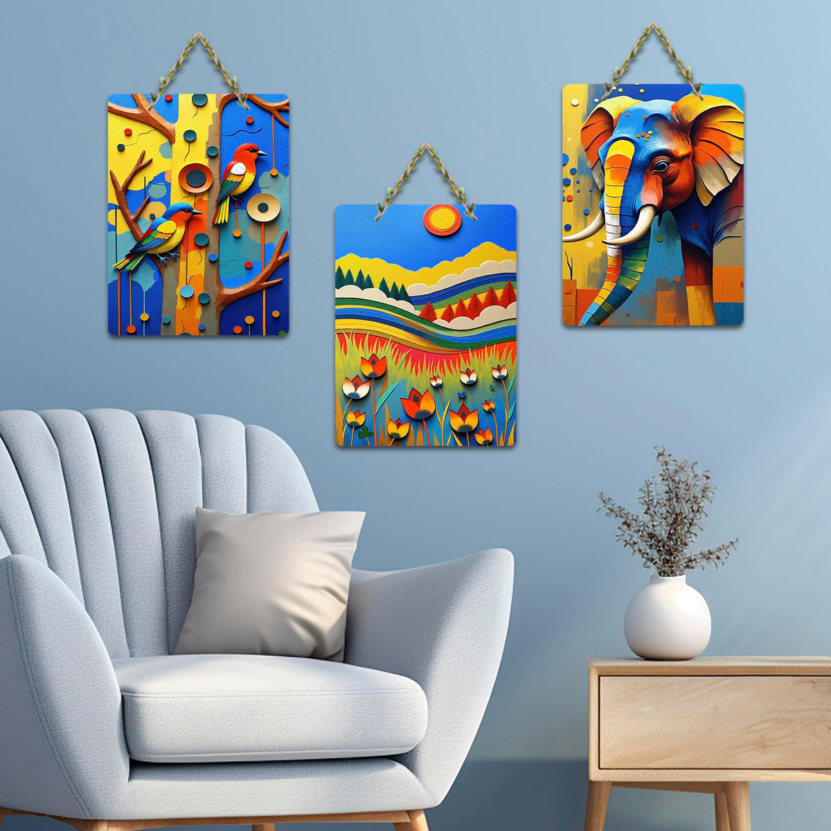 Artvibes Modern Abstract Art Wooden Wall Hanging for Home Decor | Living Room | Trendy Decor | Modern Art Paintings | Wall Poster | Wall Accents | Artworks Hangings | Ideal Gifts (WH_9697N), Set of 3