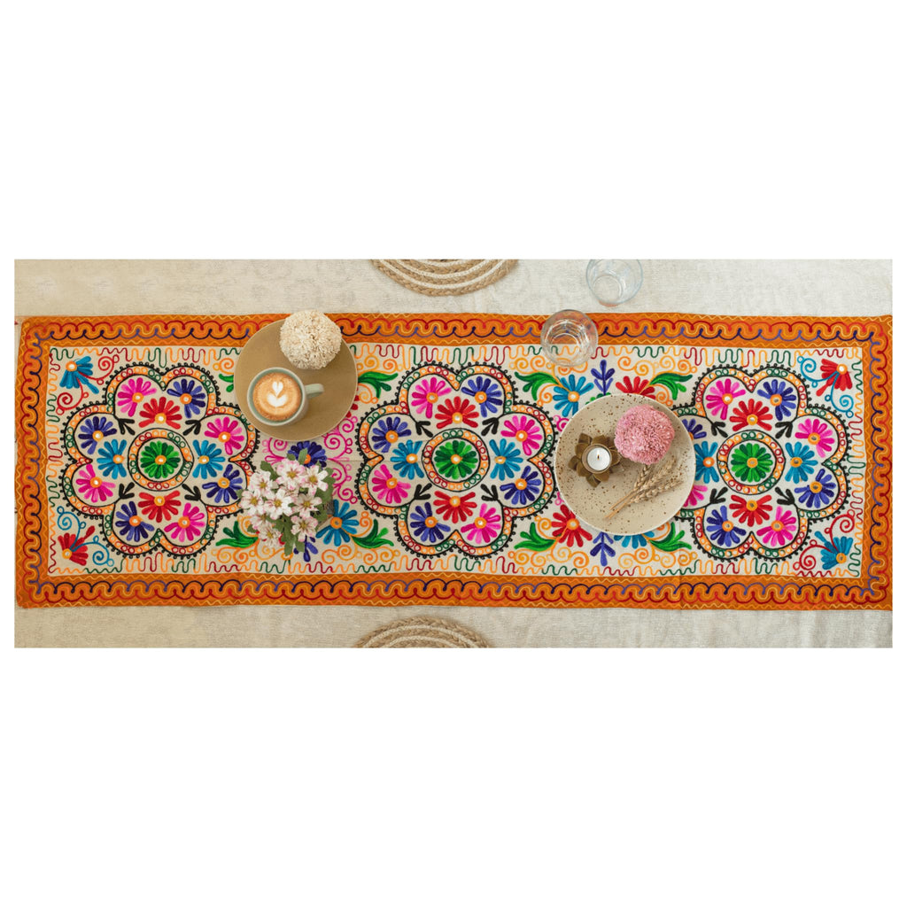 ATRANGI STUDIO Flower Embroidered Table Runner | Handcrafted Traditional Aari Work Table Cloth | Cotton Table Runner with Mirror Accents for Dining & Home Decor | 58 x 19 Inch, Multicolour
