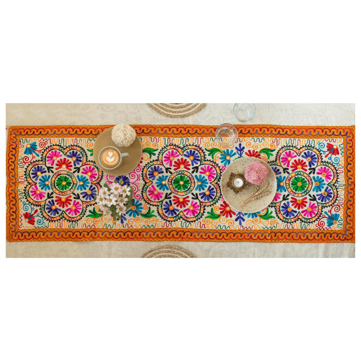 ATRANGI STUDIO Flower Embroidered Table Runner | Handcrafted Traditional Aari Work Table Cloth | Cotton Table Runner with Mirror Accents for Dining & Home Decor | 58 x 19 Inch, Multicolour