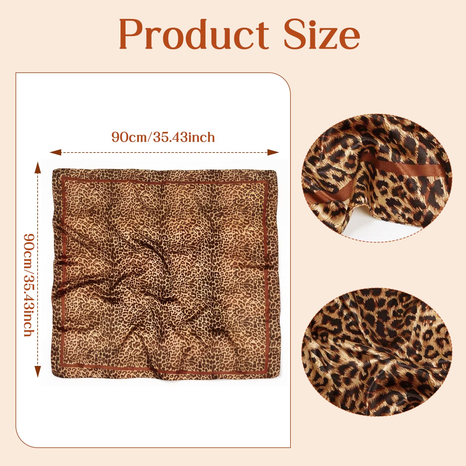 Ahamo Leopard Print Satin Square Scarf for Women 90 x 90 cm Brown Head Scarf Lightweight Bandana Fashion Neck Wrap Large Satin Hair Scarf for Women Stylish Headband Shawl and Bag Accessory