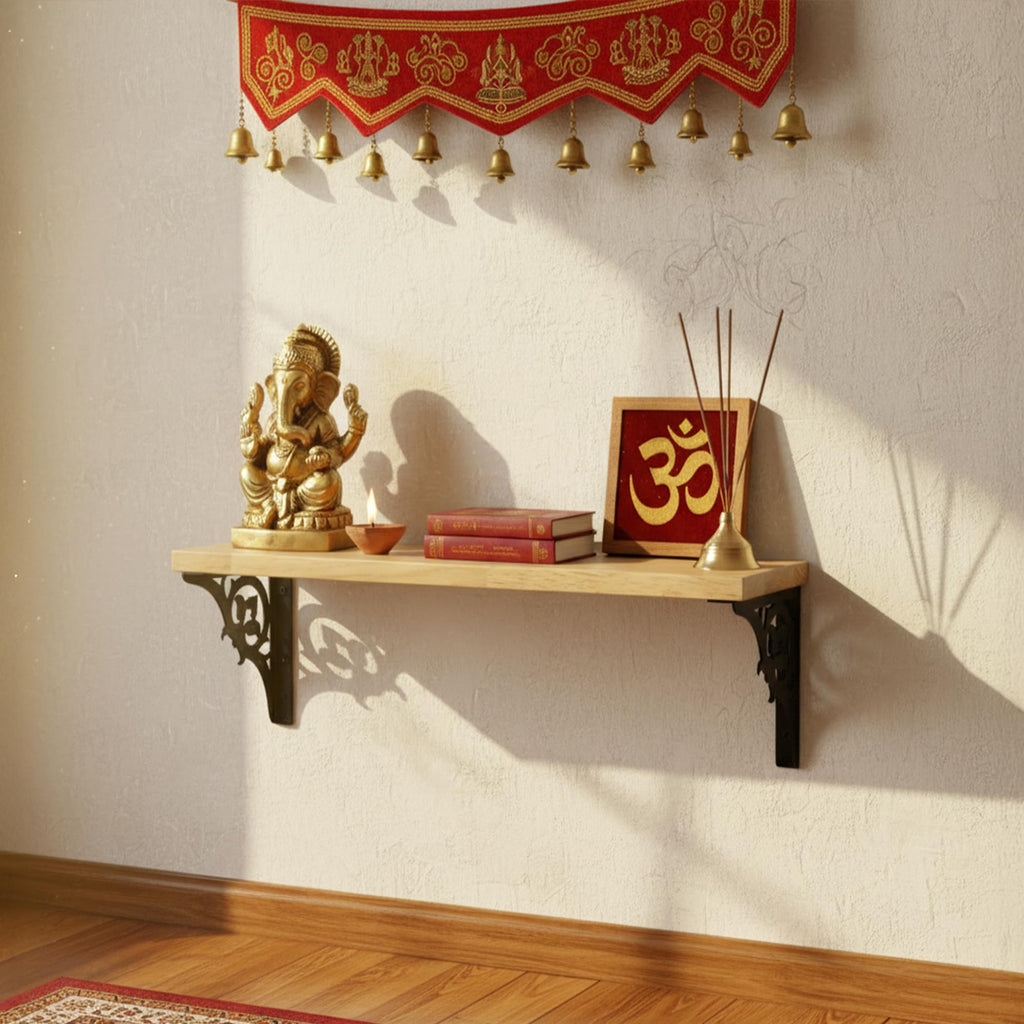 Spillbox wooden Pooja Home Temple|White Metal Shelf |Wall Mountable|Easy Screw Assembly|Home Temple for Puja Room |Pooja Stand | Mandir-SINGLE FLORAL (Black Small)