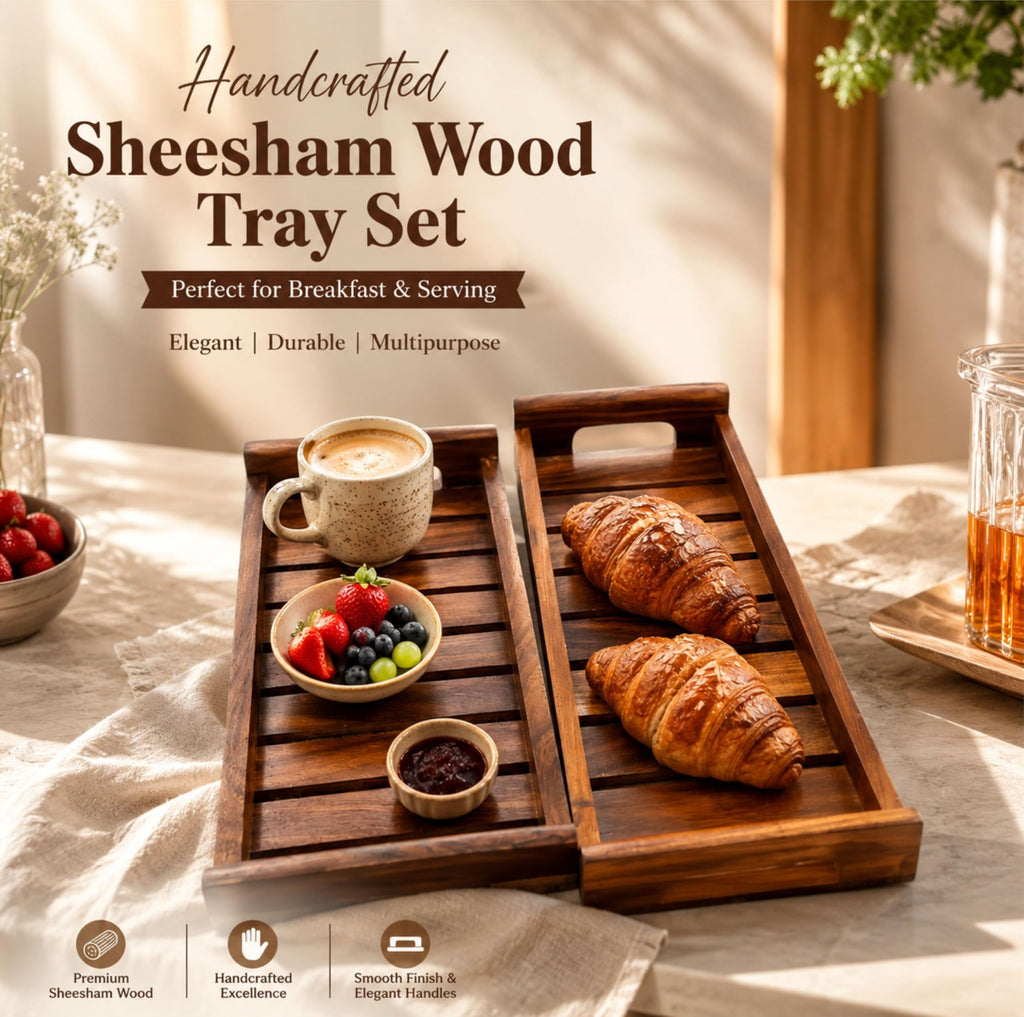 The Shilp Collective Sheesham Wood Serving Tray Set of 2 | Handmade Wooden Breakfast & Organizer Trays with Handles | Multipurpose Decorative Tray for Kitchen Dining Table & Home Décor