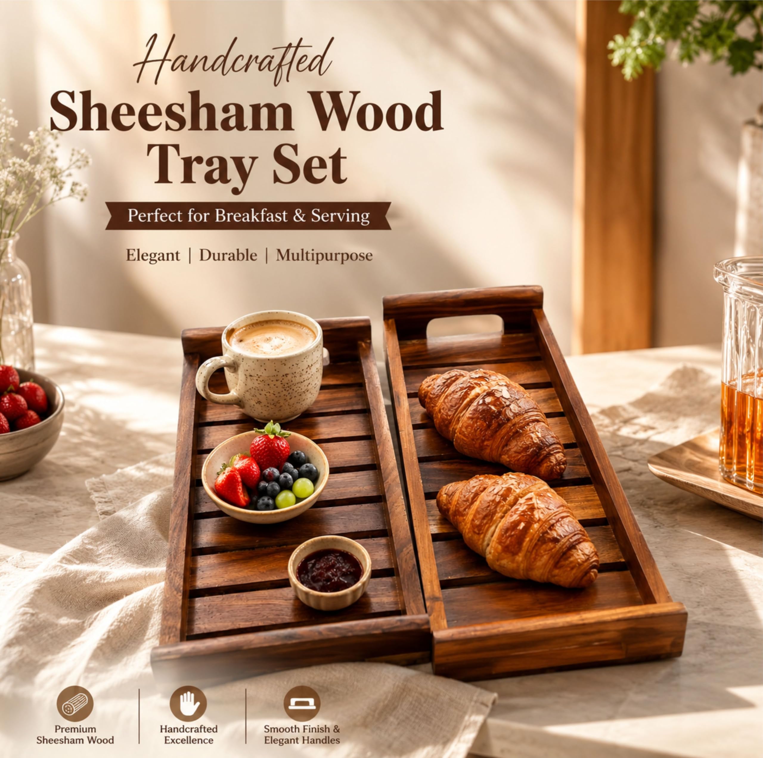 The Shilp Collective Sheesham Wood Serving Tray Set of 2 | Handmade Wooden Breakfast & Organizer Trays with Handles | Multipurpose Decorative Tray for Kitchen Dining Table & Home Décor