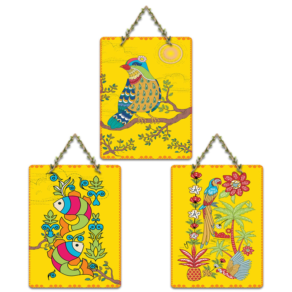 Artvibes Blissful Bird Aquatic Fish & Vibrant Parrot Art Decorative Wall Art MDF Wooden Wall Hanger for Home | Handcrafted Art | Wall Poster | Graphic Artwork | Unique Gift (WH_9621N), Set of 3