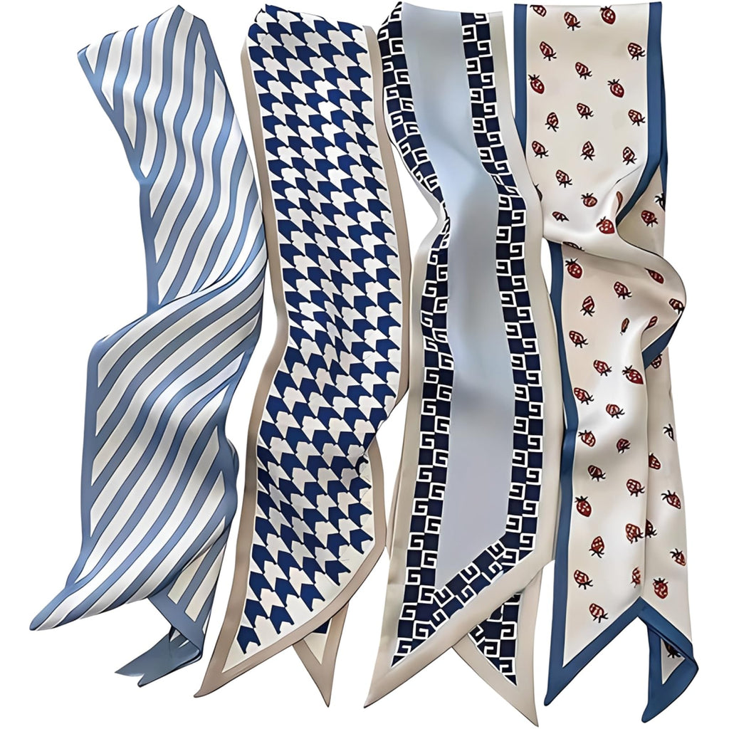 FFZDENA Hair Scarf for Women, Satin Scarf Accessories, Multifunctional Head Scarf and Bag Scarf, Set of 4 Blue Polyester Scarves for Fashion Styling