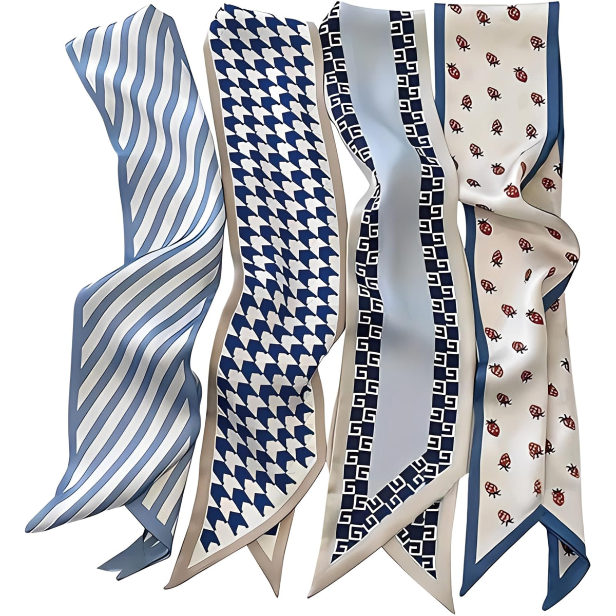 FFZDENA Hair Scarf for Women, Satin Scarf Accessories, Multifunctional Head Scarf and Bag Scarf, Set of 4 Blue Polyester Scarves for Fashion Styling