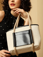 ENSAC Women’s Canvas Tote Bag with Rope Handles & Faux Leather Pocket – Large Stylish Shoulder Bag for Work, Shopping & Travel