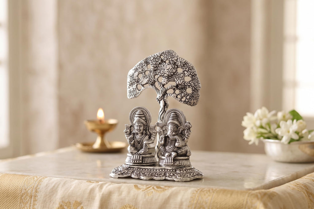 KridayKraft Silver Plated Laxmi Ganesha Tree Idol | Oxidized Finish Lord Ganesha & Goddess Lakshmi Tree Showpiece for Home Decor, Puja, Spiritual Growth, Office Desk, & Diwali Gifting.