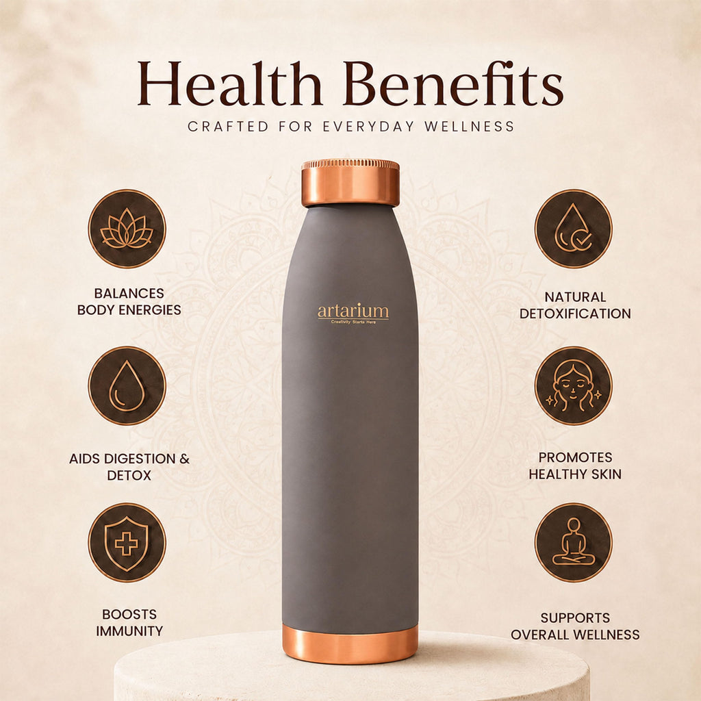 Artarium 1 Litre Copper Bottle Leak Proof Non Toxic BPA Free With Anti Oxidant Proeprties Grey Bottle For Drinkware Immunity Boost Beneficial For Digestive Liver Health (Copper Bottle Gray Color)
