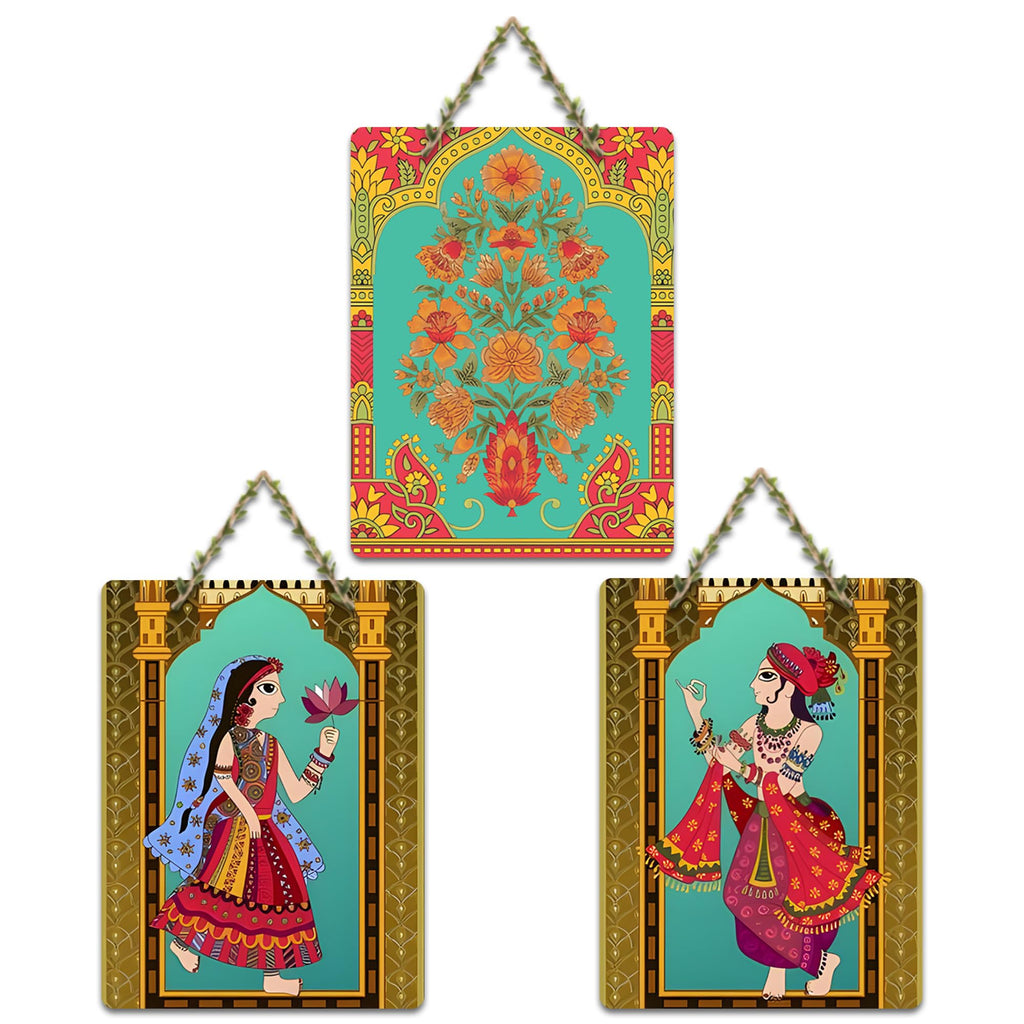 Artvibes Rajasthani Art Decorative Wall Art MDF Wooden Wall Hanger for Living Room | Art For Wall | Wall Sculpture | Signs & Plaques | Festive Decor | Wall Poster | Unique Gift (WH_9603N), Set of 3