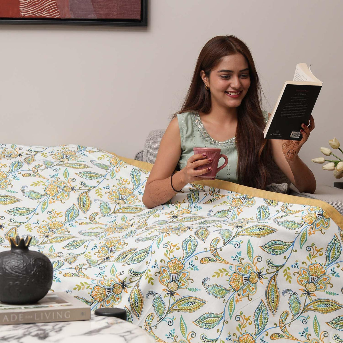 Urban Space 200 TC 100% Cotton Reversible Dohar for Double Bed, AC Blanket Double Bed Size, Soft Light-Weight 3 Layered Bed Blanket (Iris Blue, Double - 86 x 95 inch) Kafalo
