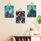 Artvibes Beautiful Peacock Wooden Art Decoration Item for Living Room | Festive Decor Art | Wall Art Painting For Hall | Graphic Artwork | Wall Art Print | Unique Gift Items (WH_96164N), Set of 3