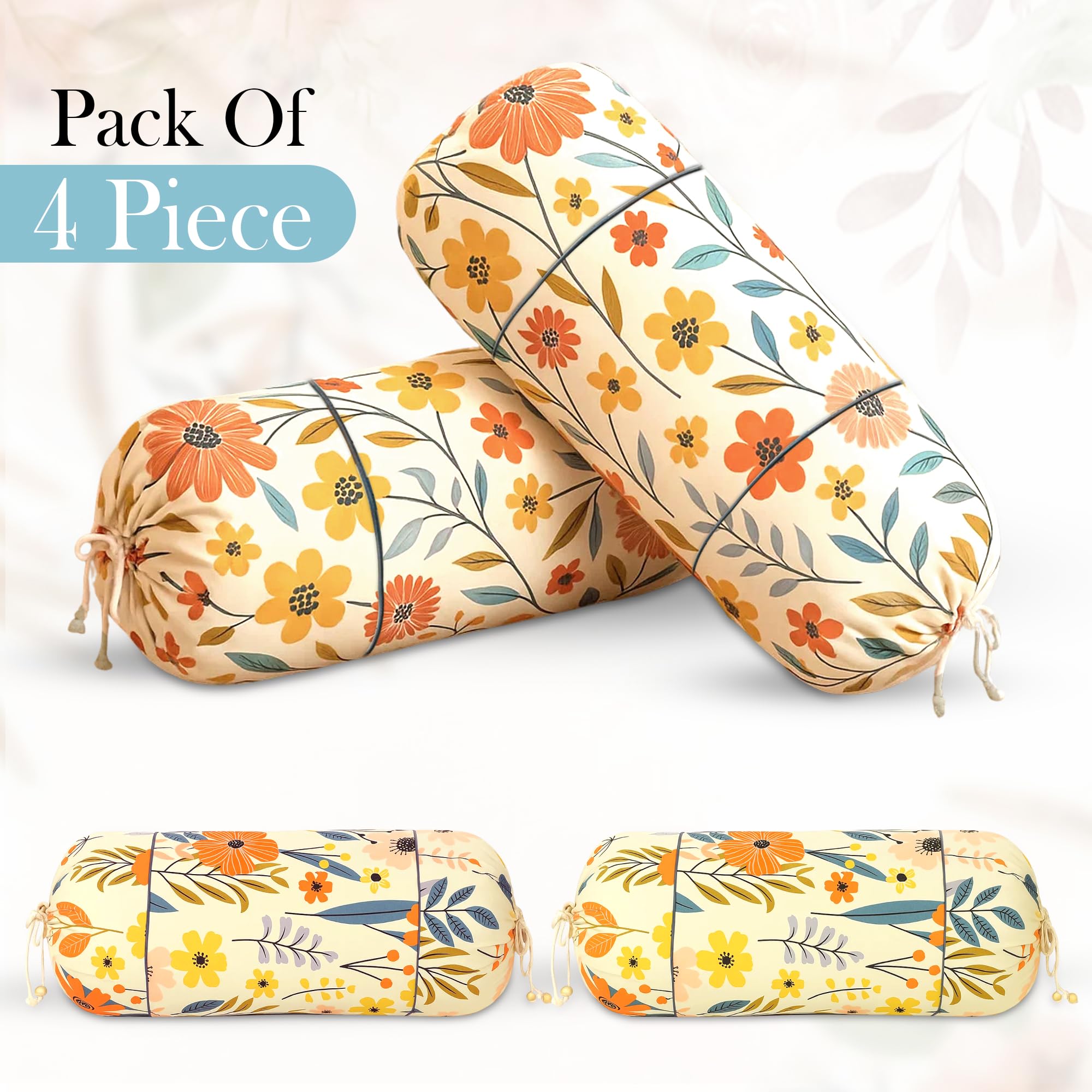 GLUN® Pack of 4 Multicolour Flower Printed Round Bolster Pillow Covers, Size 16 inch x 30 inch (40 x 75 cm, Cream) Printed Polyester Silk Fabric for Living Room or Bedroom, Stylish & Modern Covers