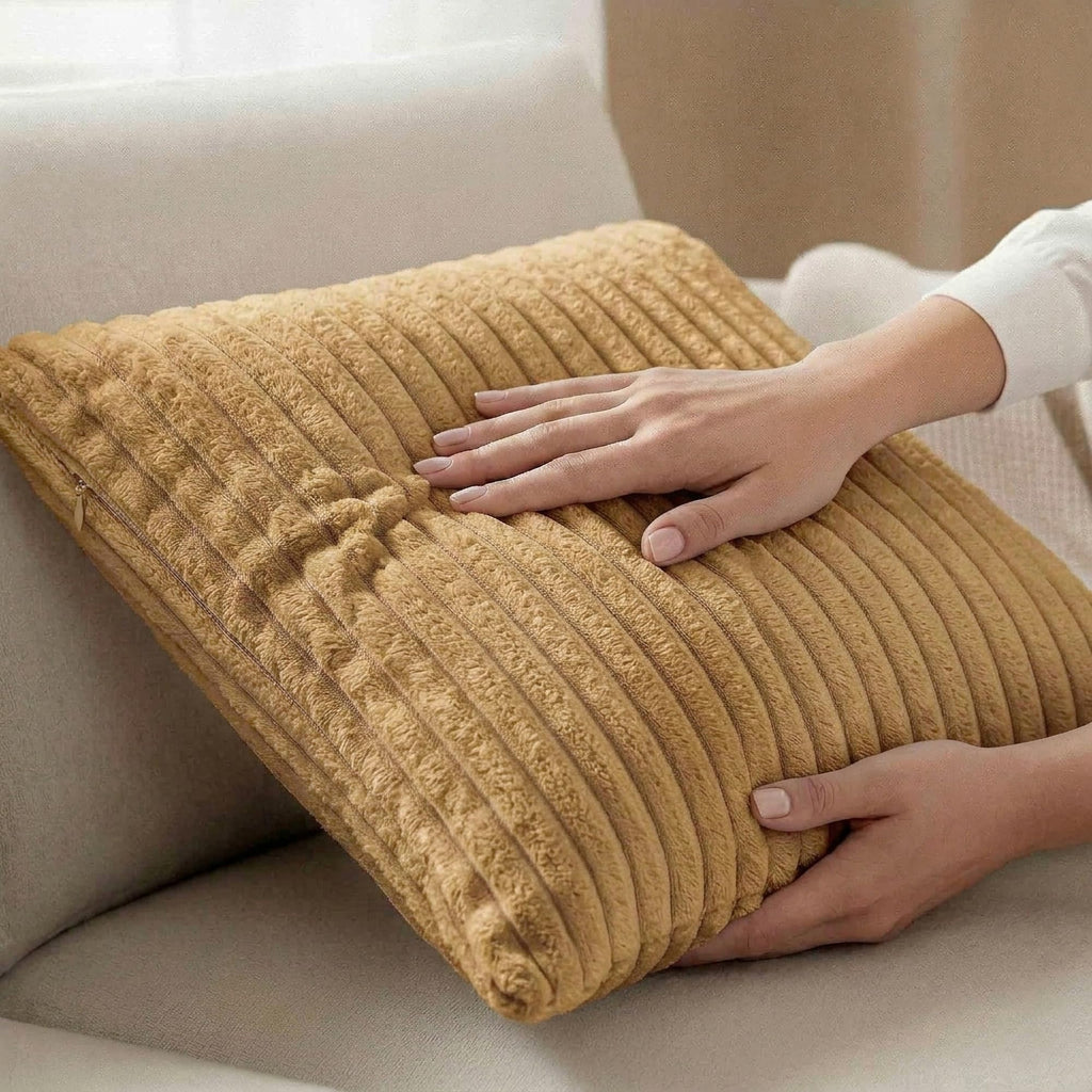 Yellow Weaves Pencil-Stripe Fur Cushion Covers | Soft Polyester | Decorative Sofa & Throw Pillow Covers | 16x16 Inches, Pack of 1 (Golden Brown)