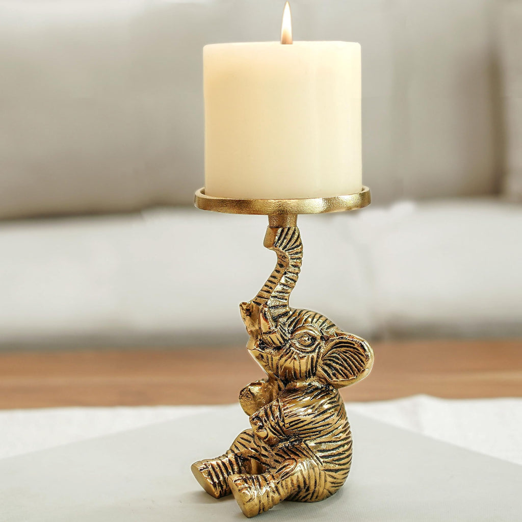 BEHOMA Metal Elephant Pillar Candle Holder Statue, Gold, 8 x 8 Cm
