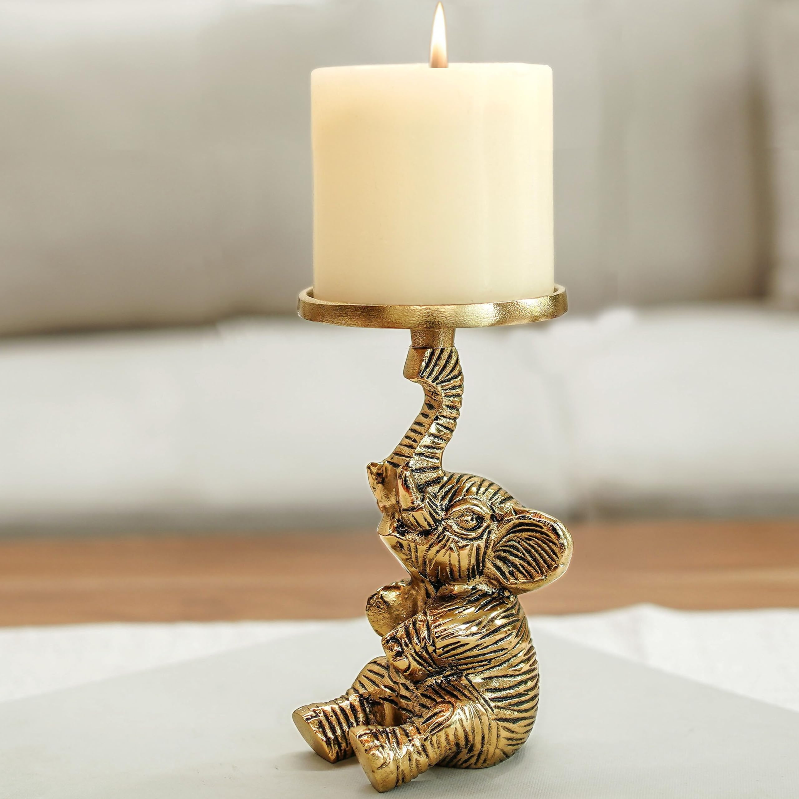 BEHOMA Metal Elephant Pillar Candle Holder Statue, Gold, 8 x 8 Cm