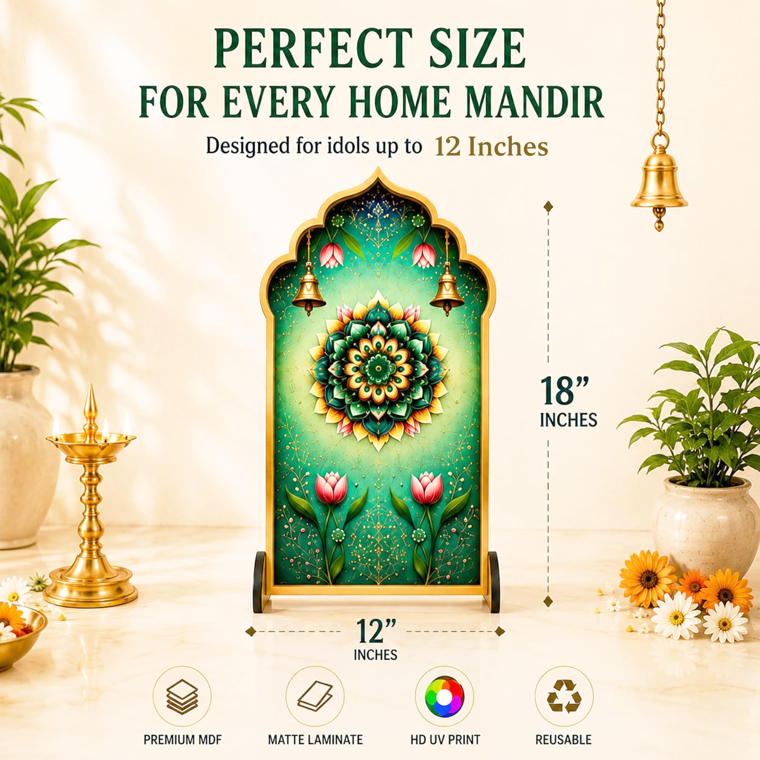 Ganpati Decoration Setup for Home, Premium MDF Ganesh Chaturthi Backdrop Stand, 1 Panel Traditional Mandap Decor for Pooja, Aarti, Festival & Housewarming, Suitable for up to 12 Inches Ganpati.