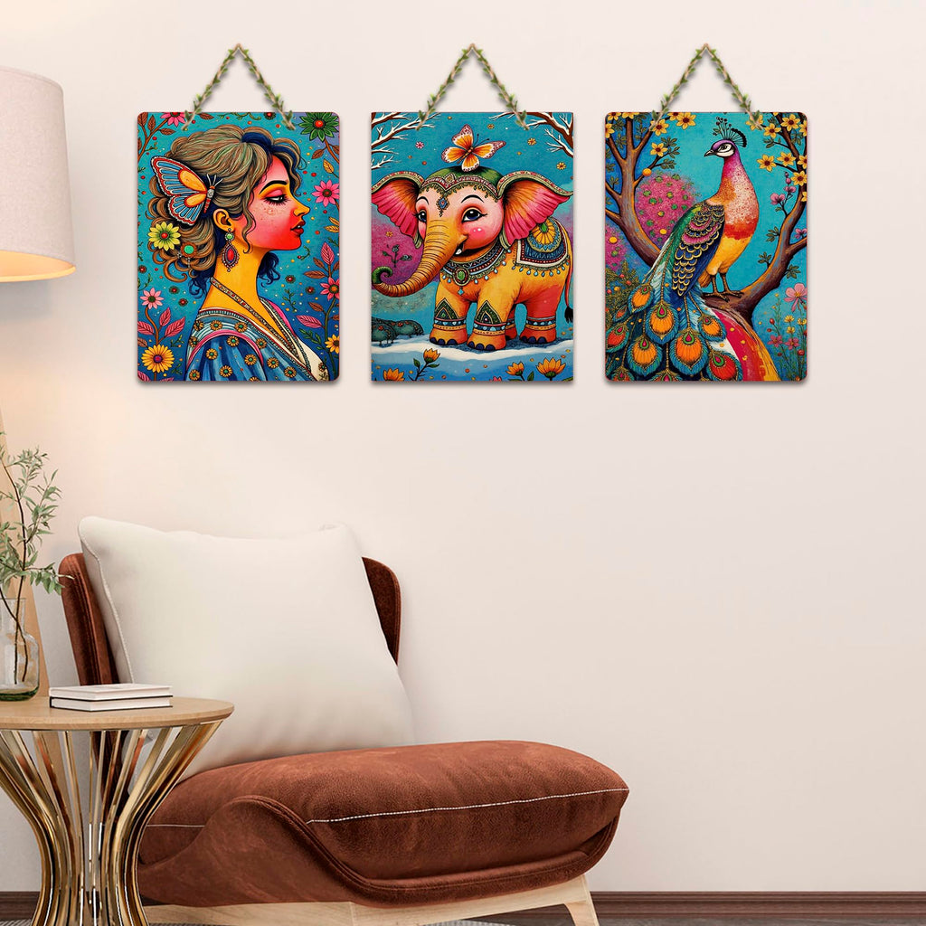 Artvibes Vibrant Portrait, Elephant and Peacock Wooden Wall Hanger for Home Decor | Handcrafted Art | Festive Decor | Wall Art Print | Paintings For Wall | Unique Gift Items (WH_9615N), Set of 3