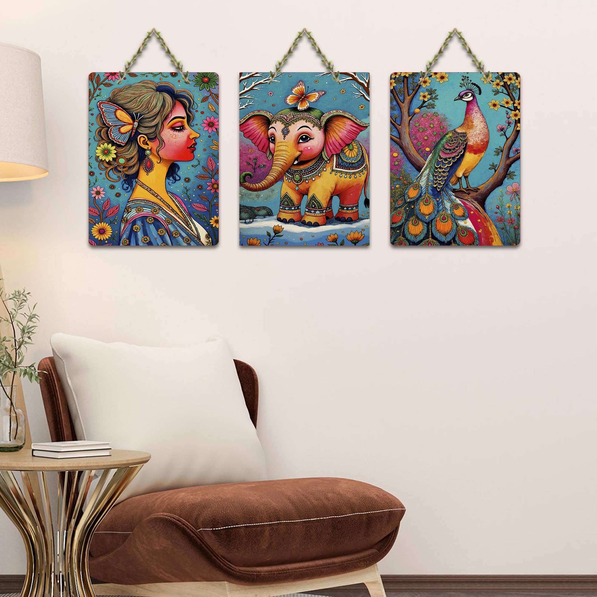 Artvibes Vibrant Portrait, Elephant and Peacock Wooden Wall Hanger for Home Decor | Handcrafted Art | Festive Decor | Wall Art Print | Paintings For Wall | Unique Gift Items (WH_9615N), Set of 3