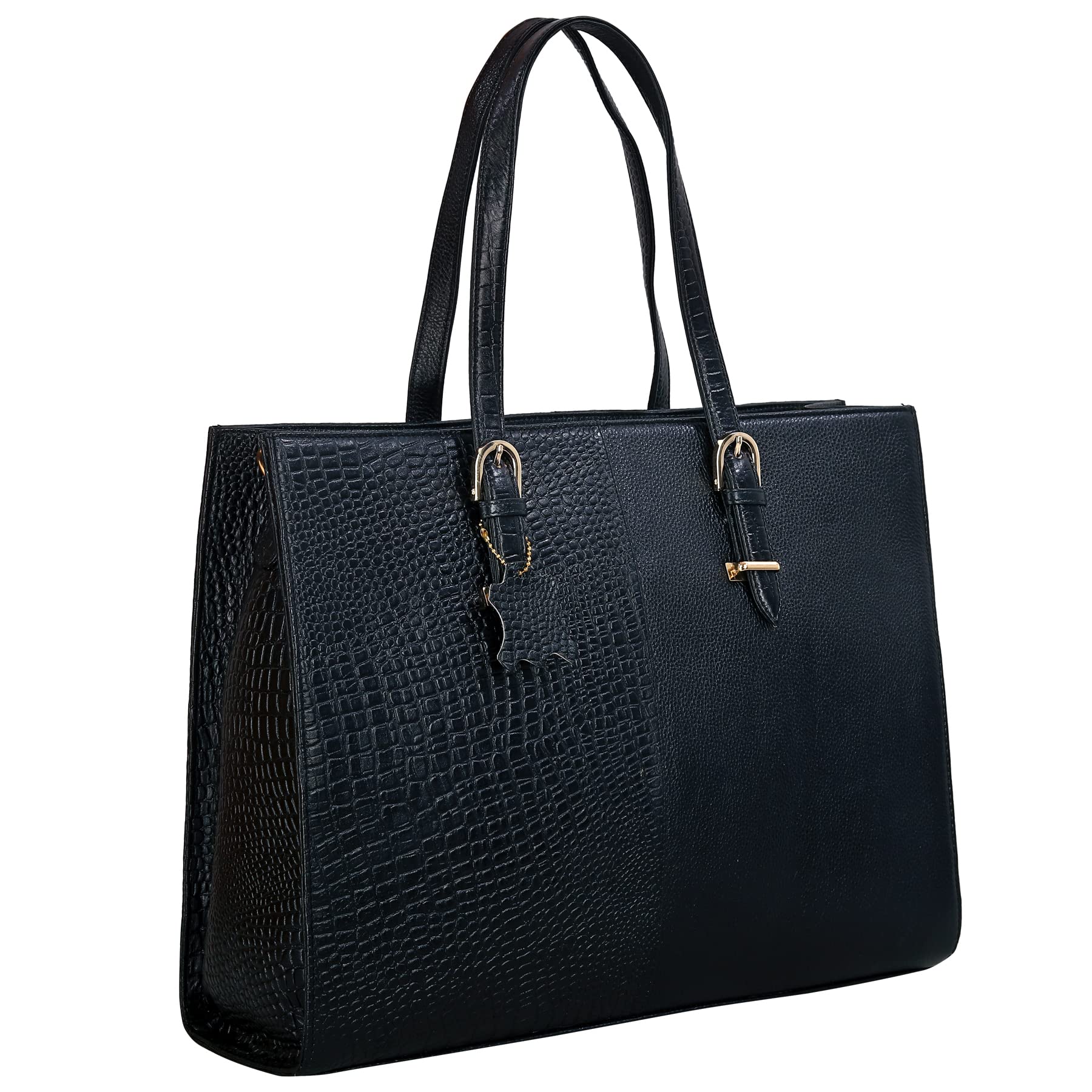 RICHSIGN LEATHER ACCESSORIES Full-Grain Natural Cro Leather Ladies Handbags & Sling Shoulder Tote Bags For Women Laptop Big Size Branded Stylish..Size- L-16 X H-12.5 x W- 5.5 Inches (BLACK)