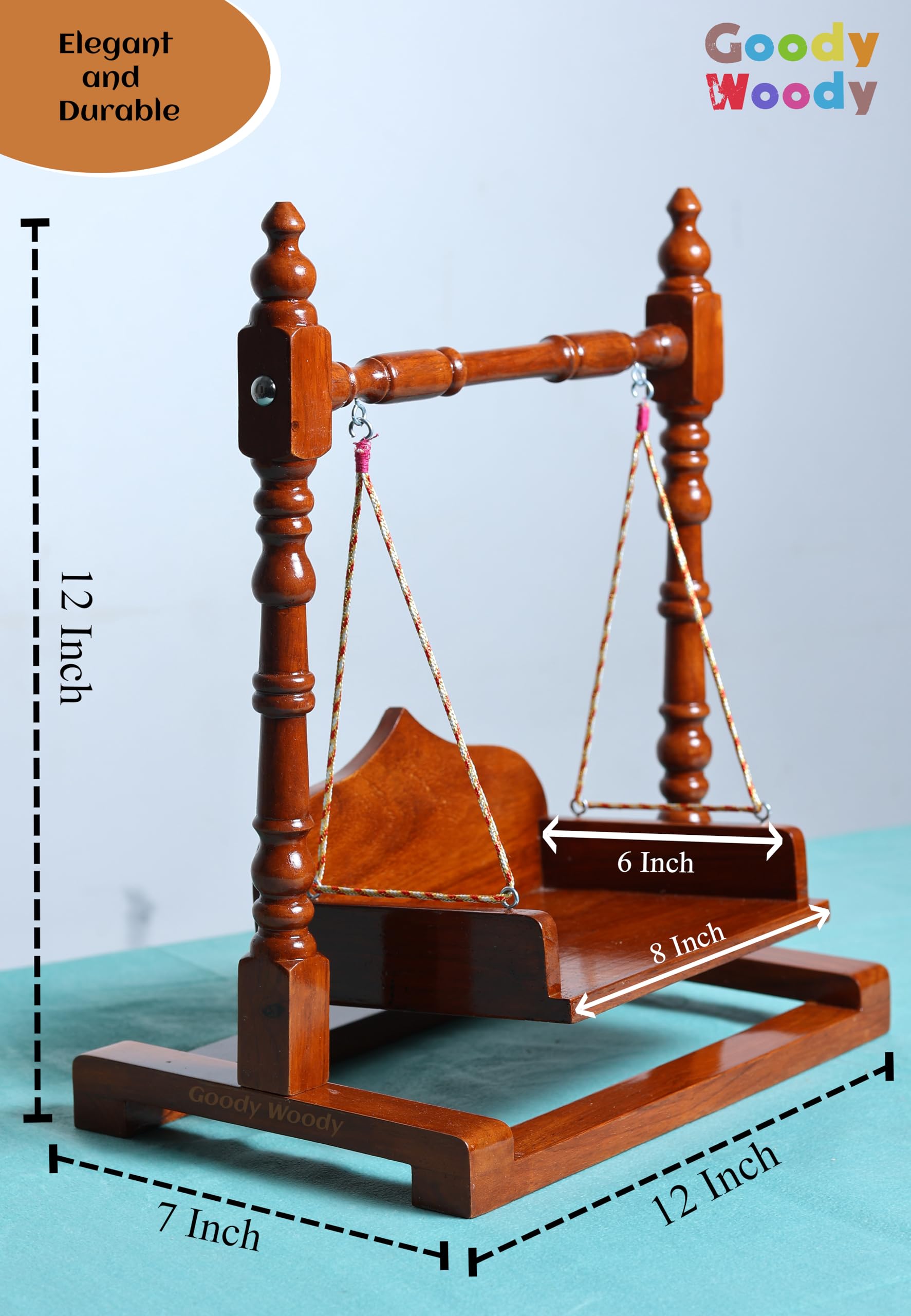 Goody Woody Sheesham Wood Laddu Gopal Jhula with Unique Design Shri Krishna, Bal Gopal, Thakur ji (Brown, 12x12x8), Seat Size :- (8x6) 0 to 4 no. Gopal ji