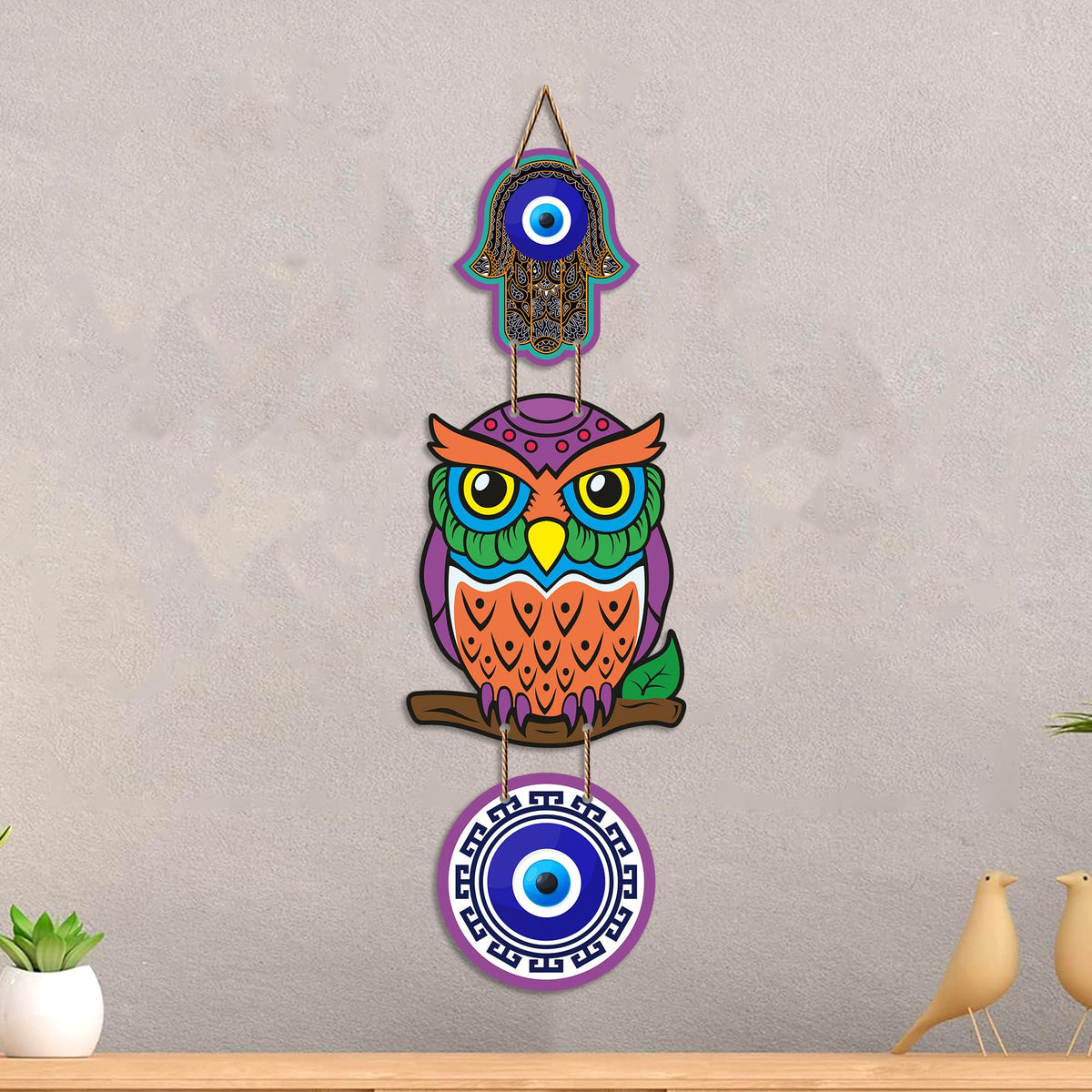 Artvibes Decorative Owl Evil Eye Wall Hanging for Home Entrance | Nazar Battu MDF Wall Decor for Positive Energy | Lucky Owl Vastu Wall Art for Living Room | Bedroom | Hallway | Gift Item (WH_8523N)