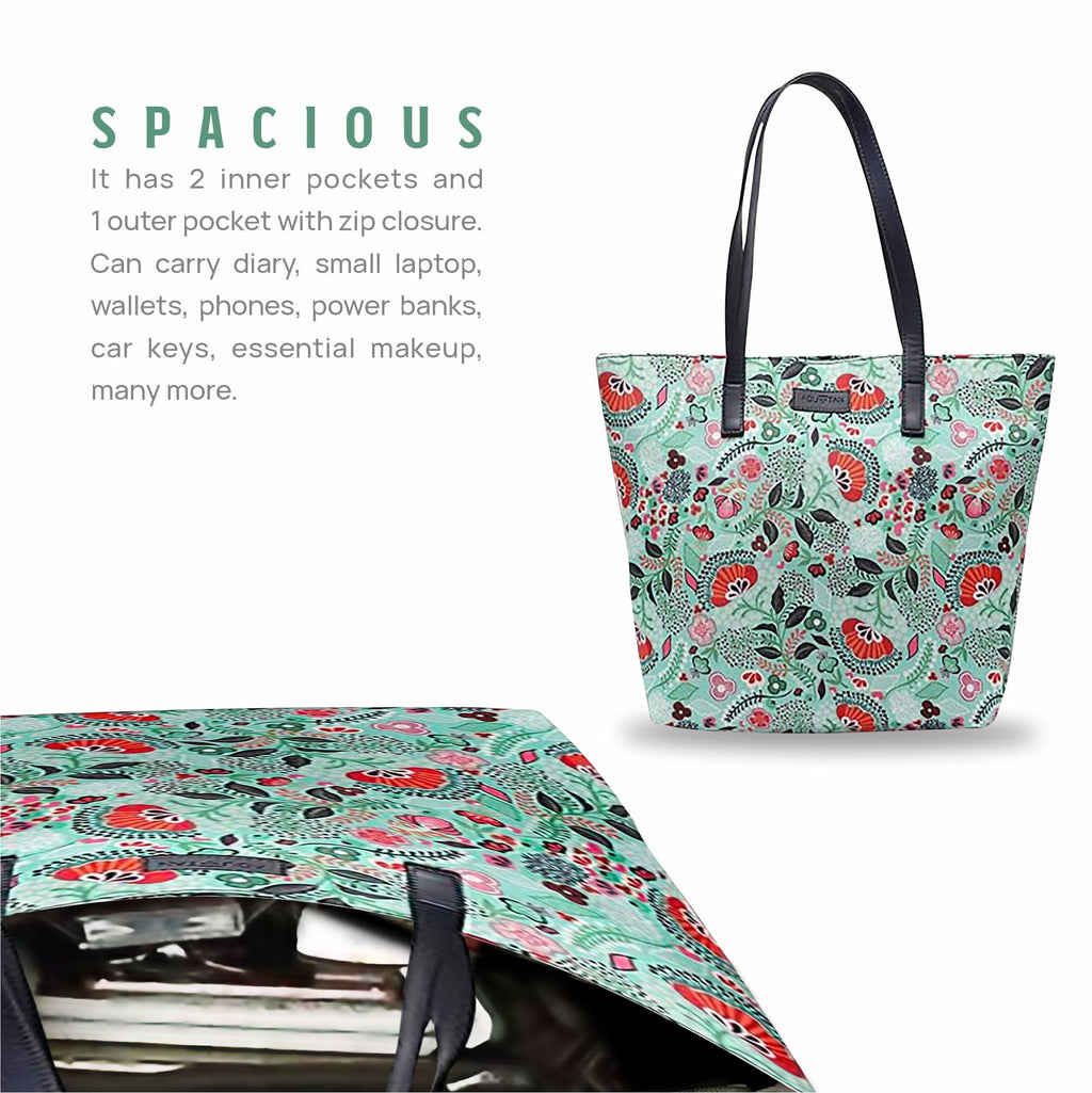 Aquatan Floral Green Vegan Leather PU Tote Bag – Spacious, Sturdy Handbag with Zip Compartment for Office & Travel