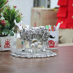 Kamdhenu Cow with Calf Idol for Home Decor | Metal Cow Statue with Intricate Embossed Design | Vastu & Pooja Decorative Showpiece | Temple, Office, Housewarming & Gift Item (Silver)