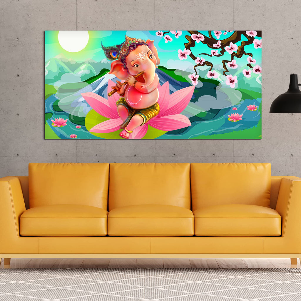 VIBECRAFTS Canvas Paintings for Living Room Drawing Room Ganesha Playing Flute Canvas Wall Painting Fitted With Wooden Frame For Home | Office | Living Room | Gift (PTVCH_2486)
