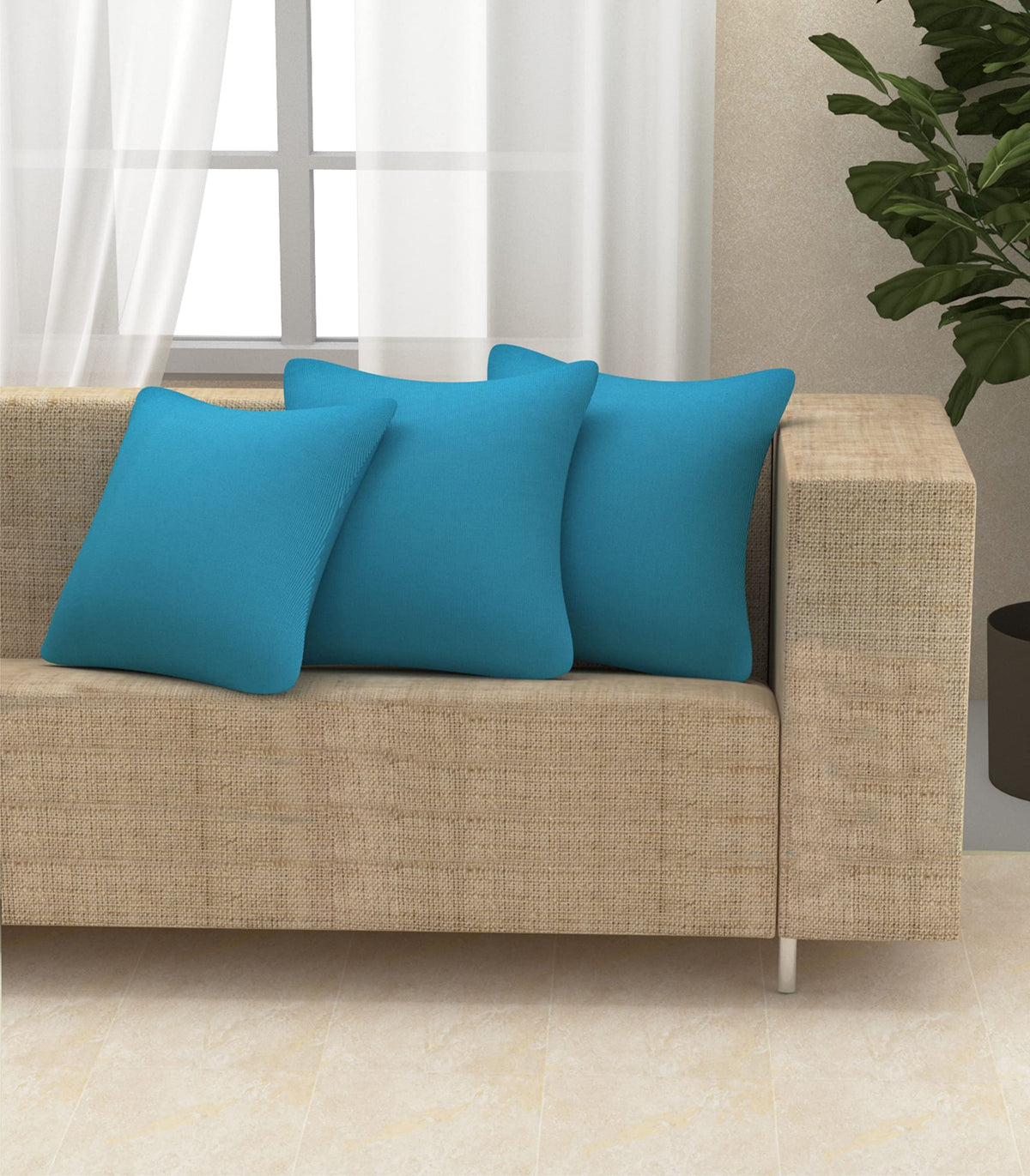 Yellow Weaves Cotton 250 TC Canvas Decorative Cushion Covers, (16 X 16 Inches), Set Of 3, Sky Blue