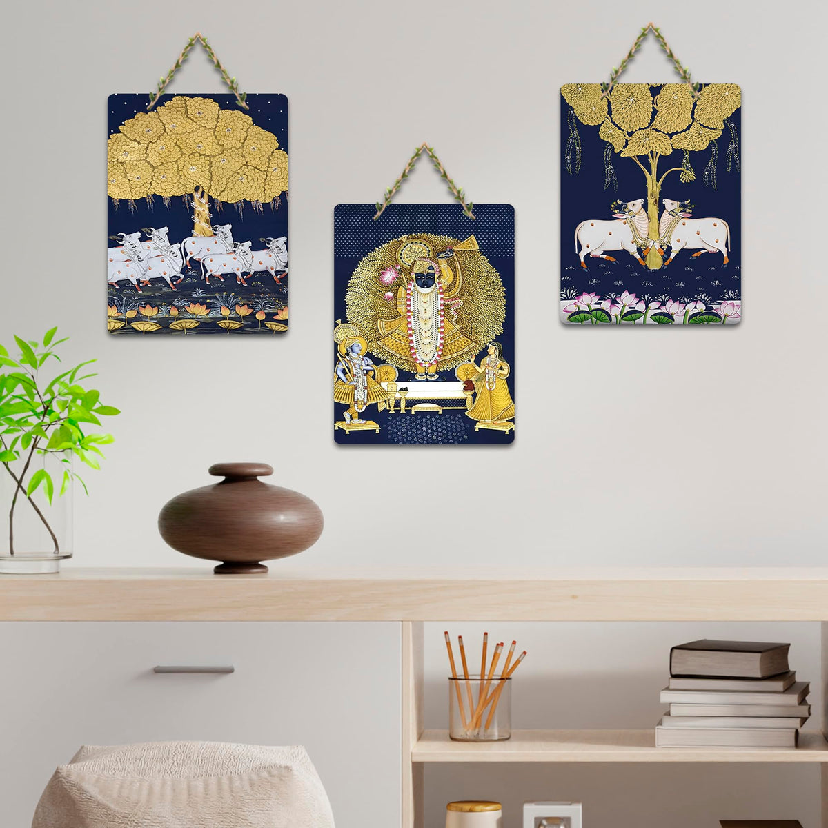 Artvibes Shrinath Ji & Cow Pichwai Art Decorative MDF Wooden Wall Art for Home | Spiritual Decor Items | Religious Wall Art | Wall Poster | Ethnic Wall Decor | Gift Items (WH_96140N), Set of 3