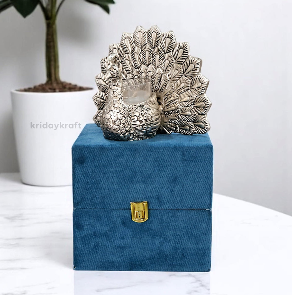 KridayKraft Metal Handcrafted Silver Plated Dancing Peacock Showpiece Candle Holder with Tealight Candle and with Beautiful Velvet Box Packing for Gifting Anniversary Valentine's Day