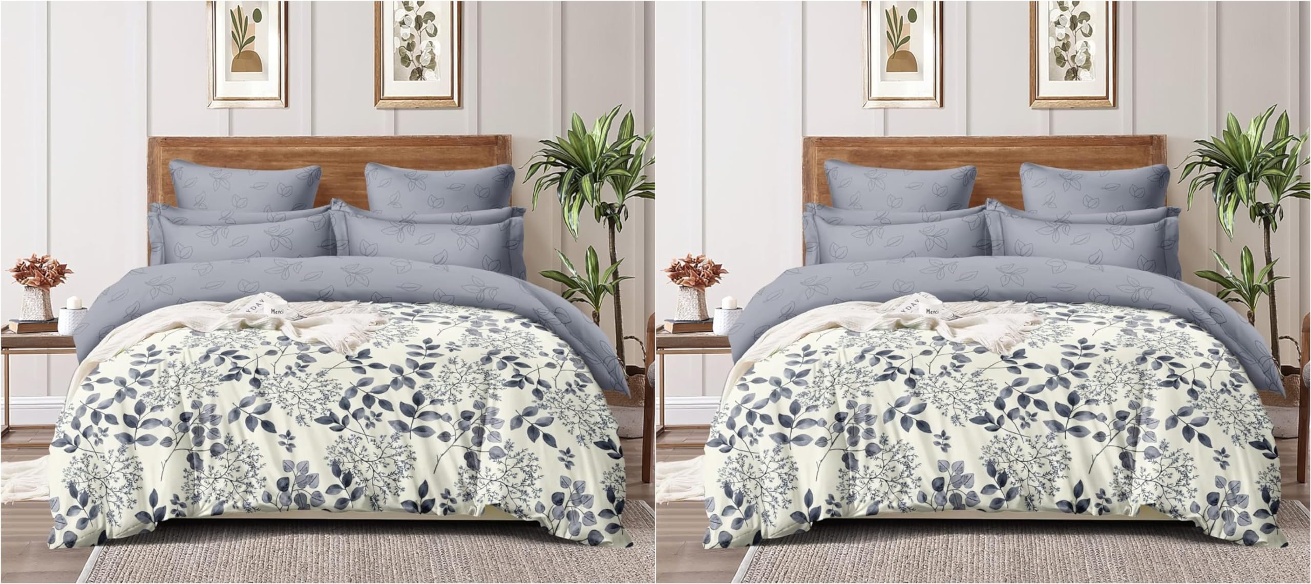 COZY FURNISH Super Soft Brushed Microfiber Cotton 3 Layer Breathable Set of 2 Single Dohar, 57x87 Inches (144x220 CM), Grey:Cream, Queen Size, Floral Pattern, Warm, Summer Kafalo