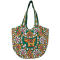 Craft Trade Women's Cotton Tote Bag with Zip 46x30x12 Cm Embroidered Shopping Bag Elephant Design - Green