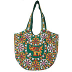 Craft Trade Women's Cotton Tote Bag with Zip 46x30x12 Cm Embroidered Shopping Bag Elephant Design - Green