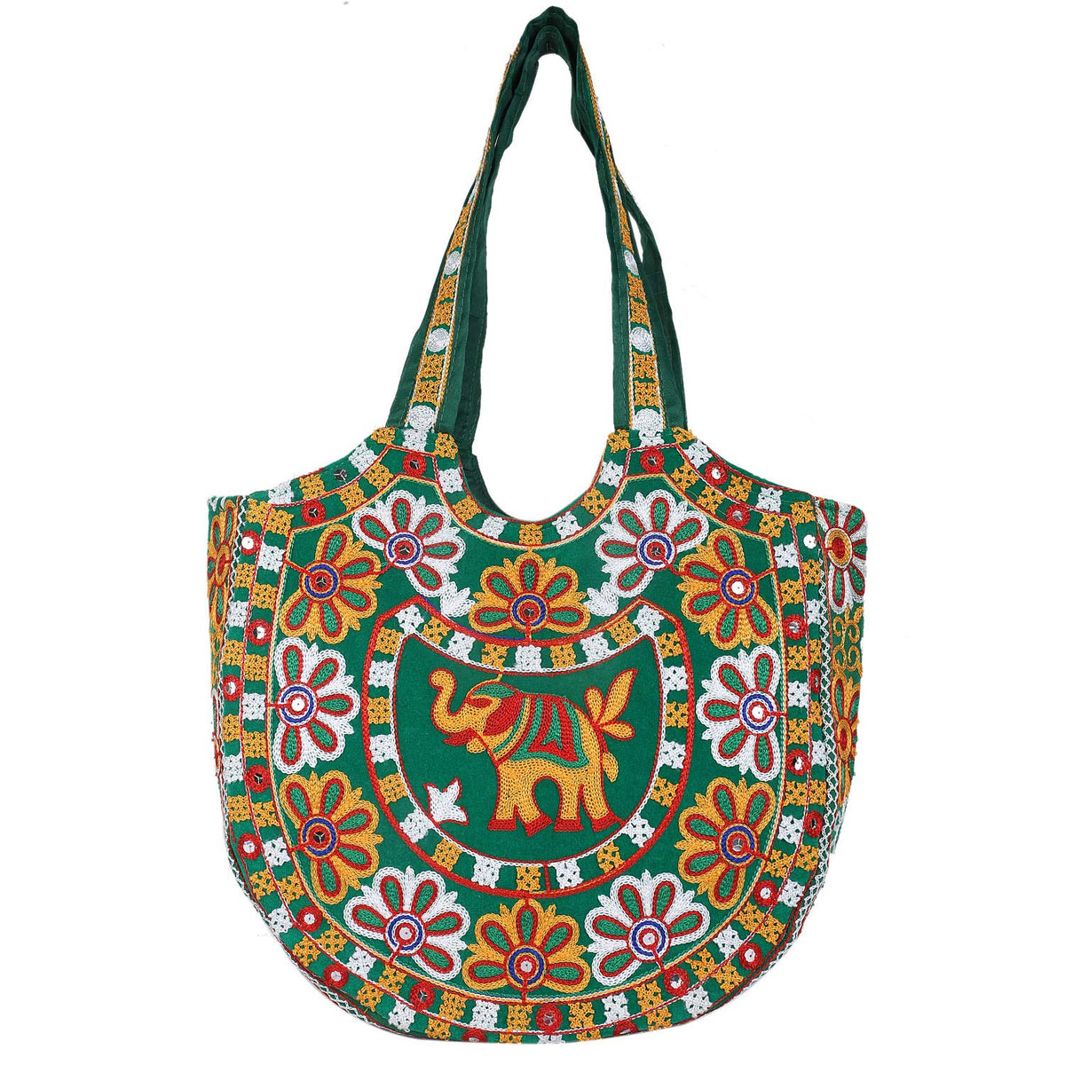 Craft Trade Women's Cotton Tote Bag with Zip 46x30x12 Cm Embroidered Shopping Bag Elephant Design - Green