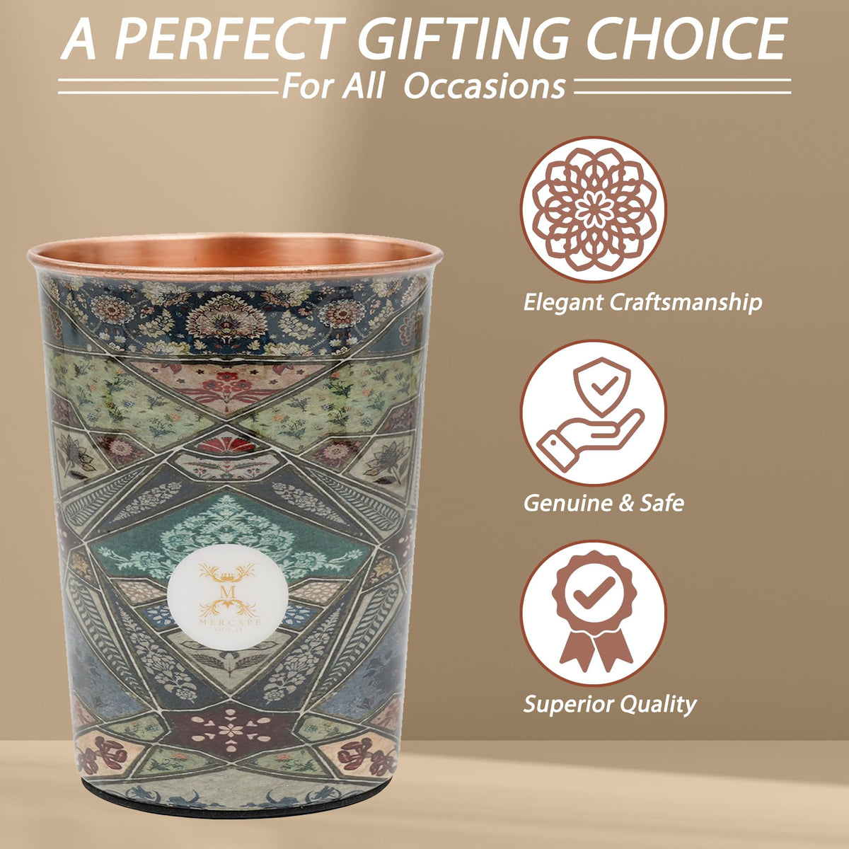 MERCAPE® 100% Pure Copper Glasses Set of 2 | Designer Meena Print | 300ml Each | Ayurvedic Benefits | Handmade Copper Tumblers for Daily Use & Gifting (Multiple Designs) (Persian Mosaic Design)