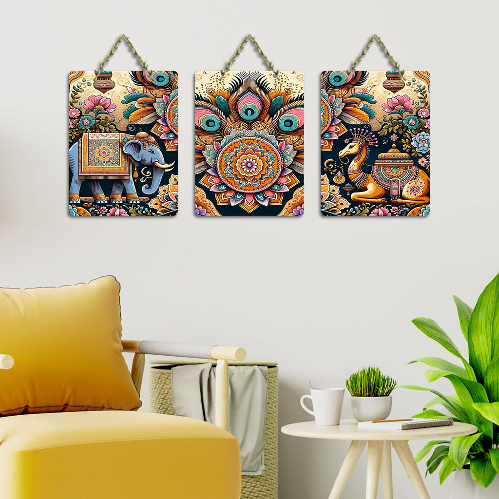 Artvibes Royal Rides Kalamkari Art Decorative Wall Art MDF Wooden Wall Hanger for Home | Room Decoration | Handcrafted Art | Wall Illustrations | Artworks Hangings | Gift Items (WH_96167N), Set of 3