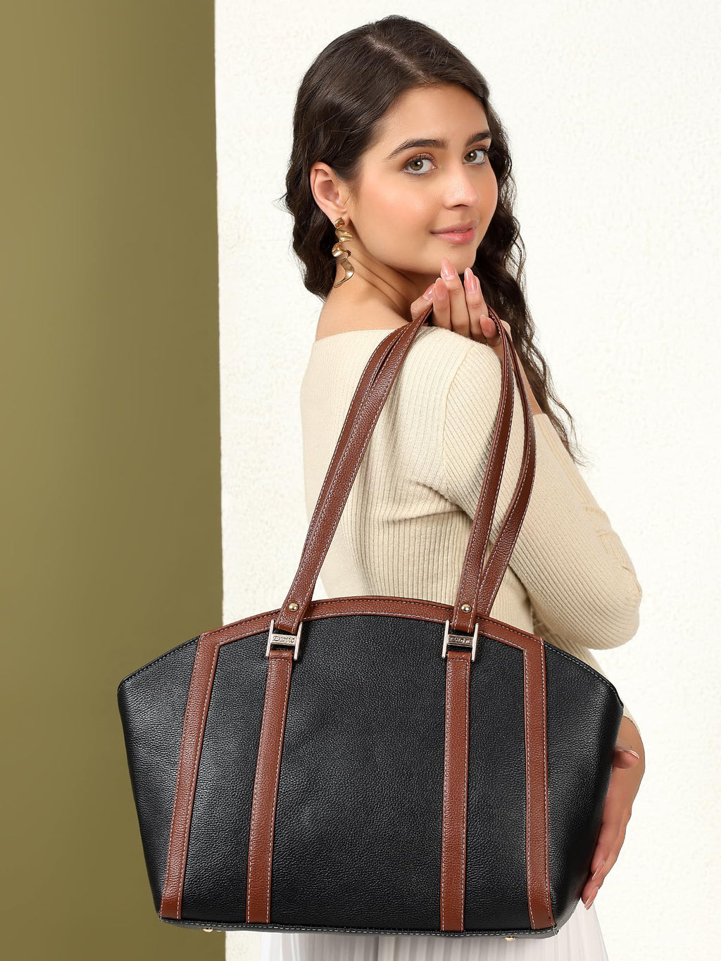 EXOTIC Shoulder Handbag for Women, Classic Fashion Design with Contrast Stitching (Black)