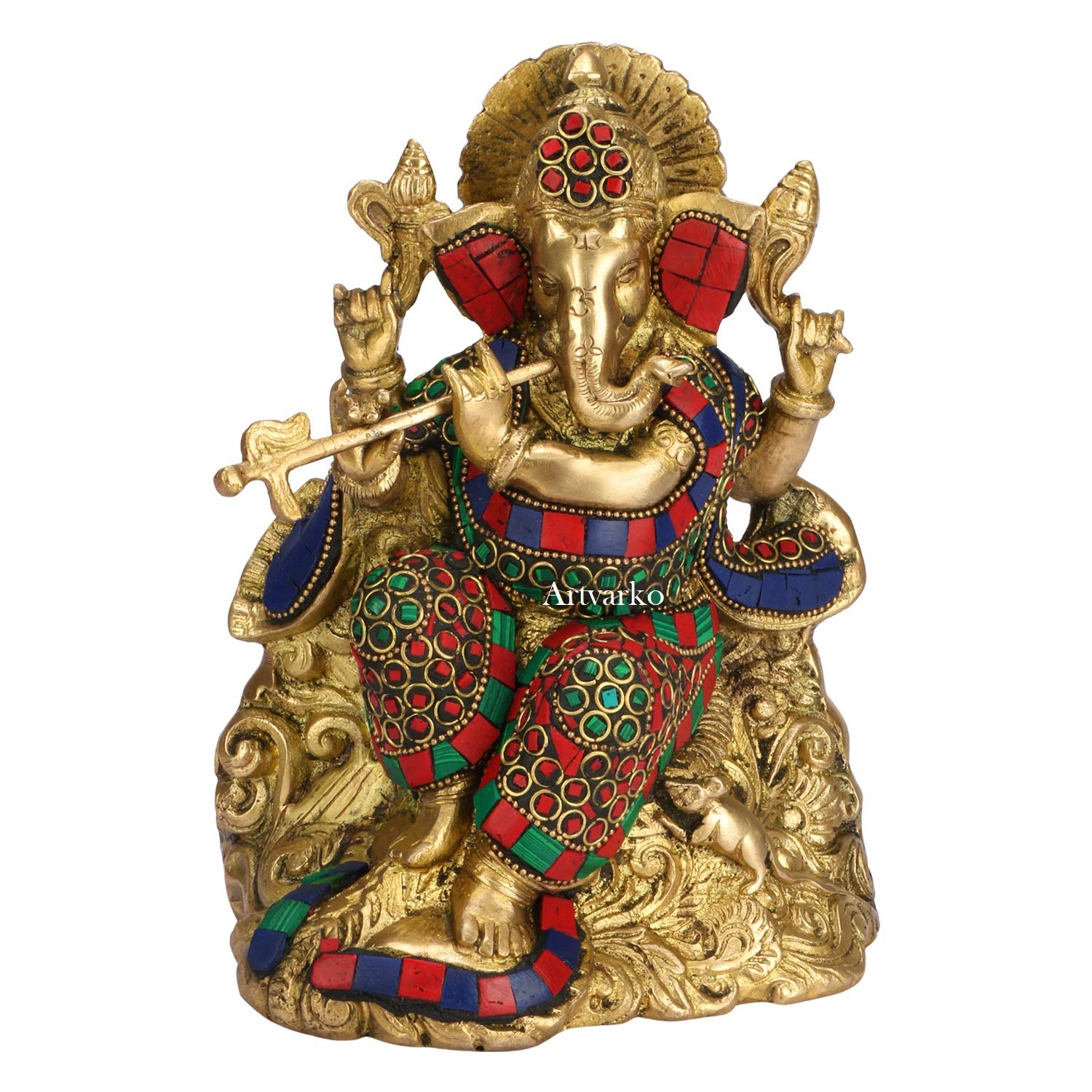 ARTVARKO Brass Ganesha Bhagwan Playing Flute Sitting - Ganpati Statue Moorti with Inlay Handwork for Home Office Marriage Gift Size 8 Inches