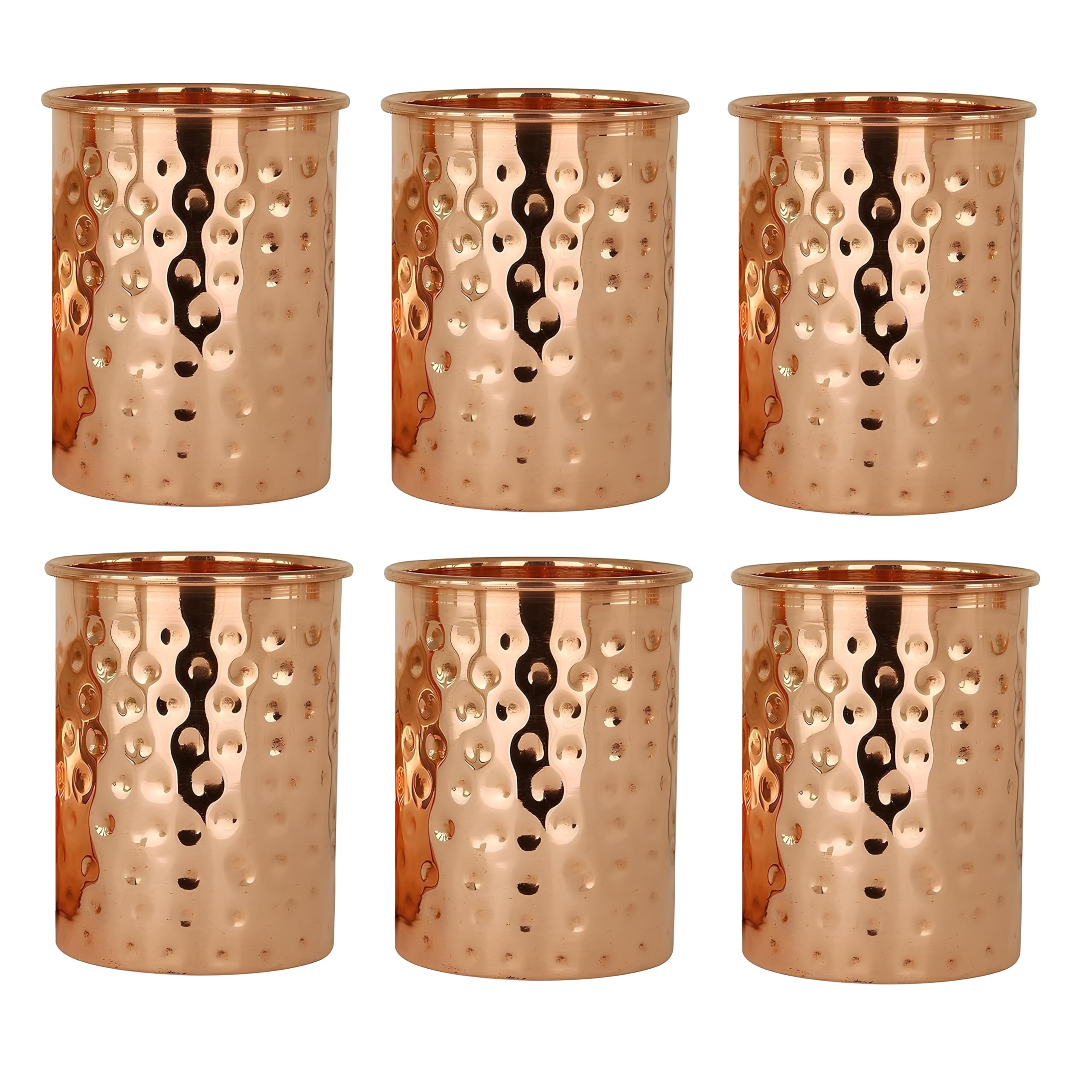 Adoko 100% Pure Copper Hammered Tumbler Set of 6 (300ml Each) | Handmade Ayurvedic Copper Water Glasses | Traditional Tamba Drinking Glasses for Home & Kitchen