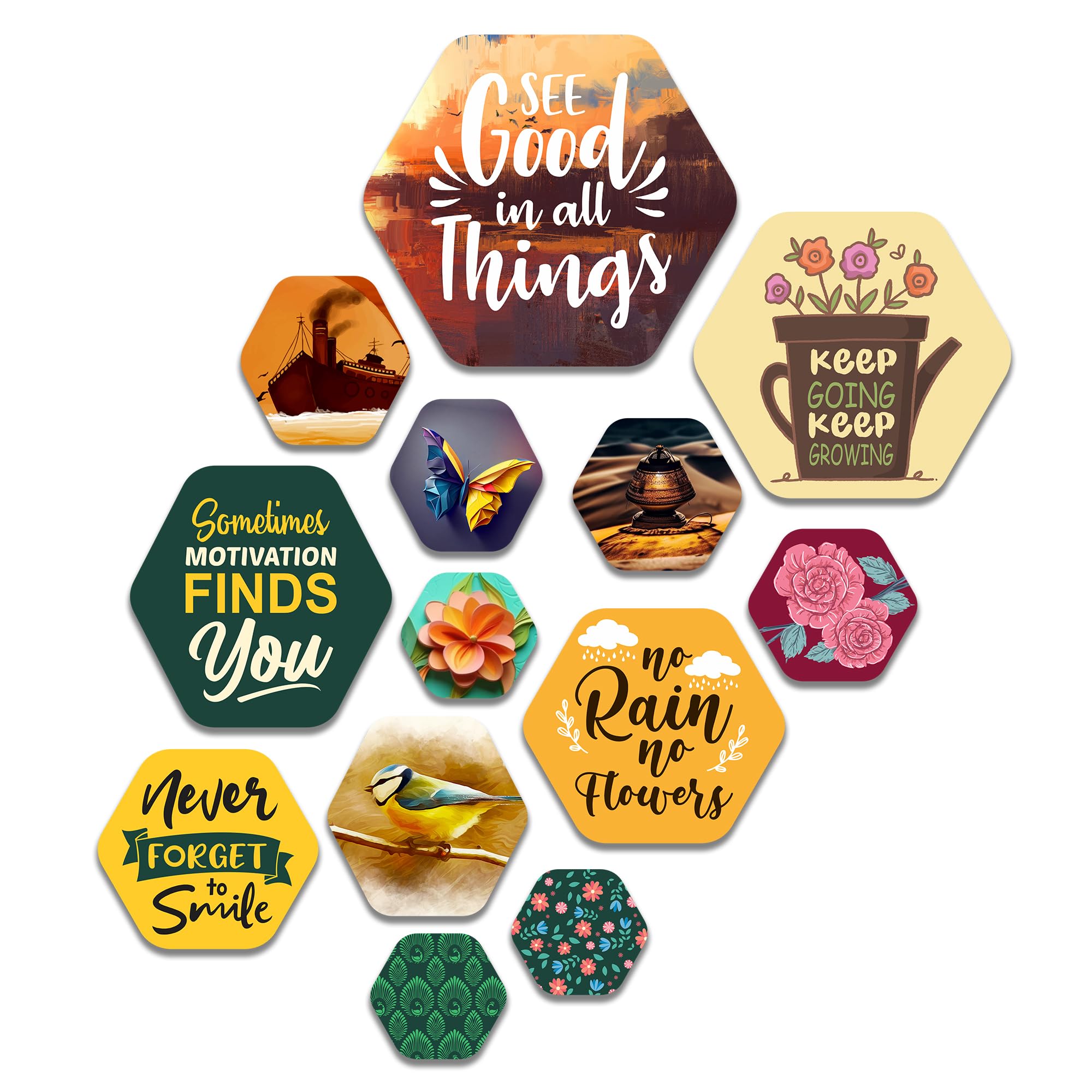 Artvibes See Good In All Things Hexagon Shape MDF Wooden Wall Decor Items | Quotes Decor Item | Wall Poster | Office Decor | Wall Art Print | Inspirational quotes | Gift Items (WPS_204NN), Set of 13