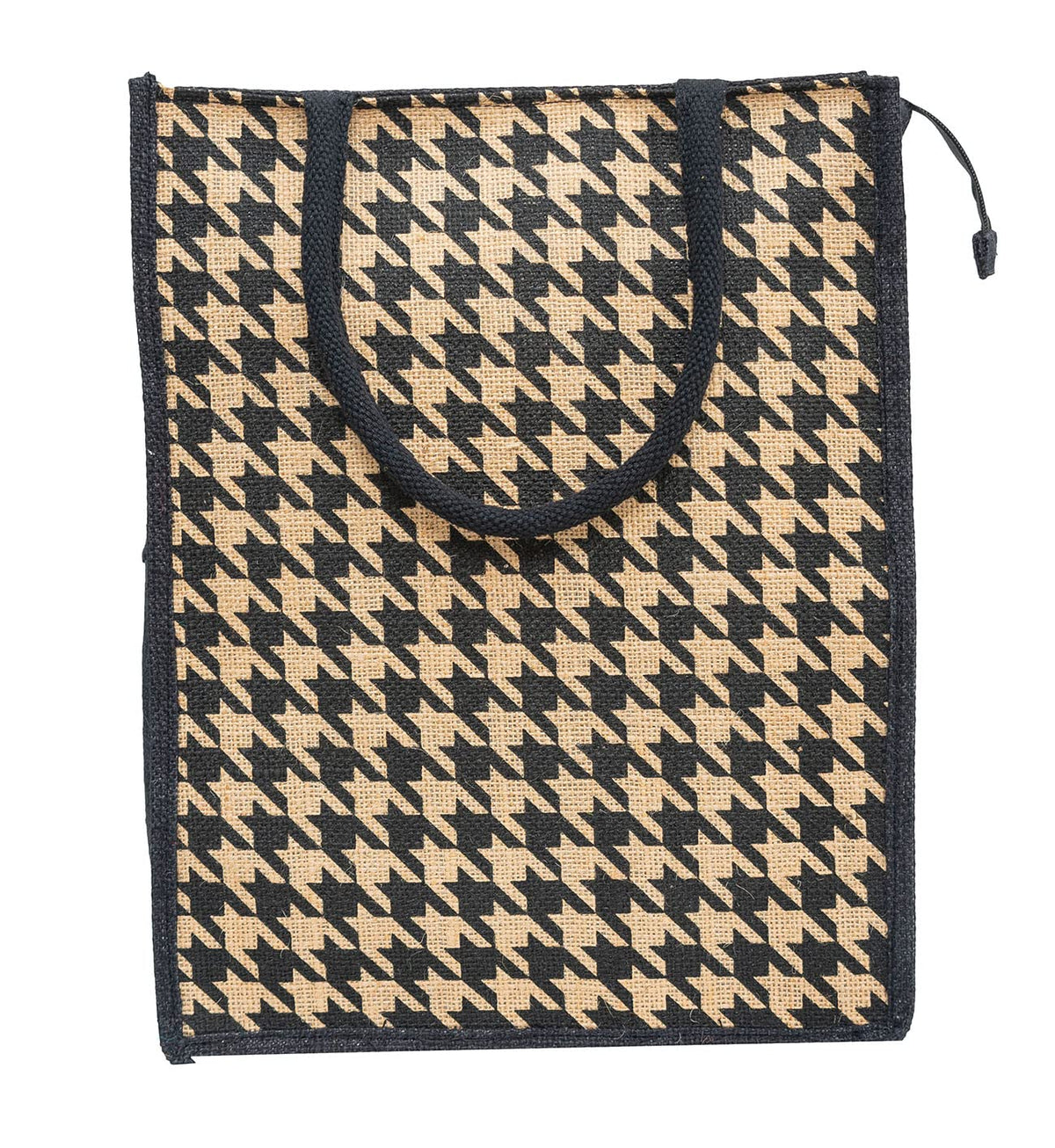 JUTEKA Natural Brown Houndstooth Printed Jute Bag Lunch Bag, Grocery Bag, Tote Bag, Hand Bag, Picnic Bag - Bag for Men, Bag for Women, Girls Bag, Lunch Hand Bag for Kids with Zip