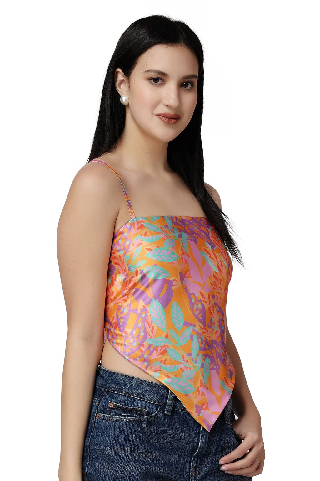 POPWINGS Women Casual Multicolor Printed Satin Scarf Knot Solid Crop Regular Fit Top, XL