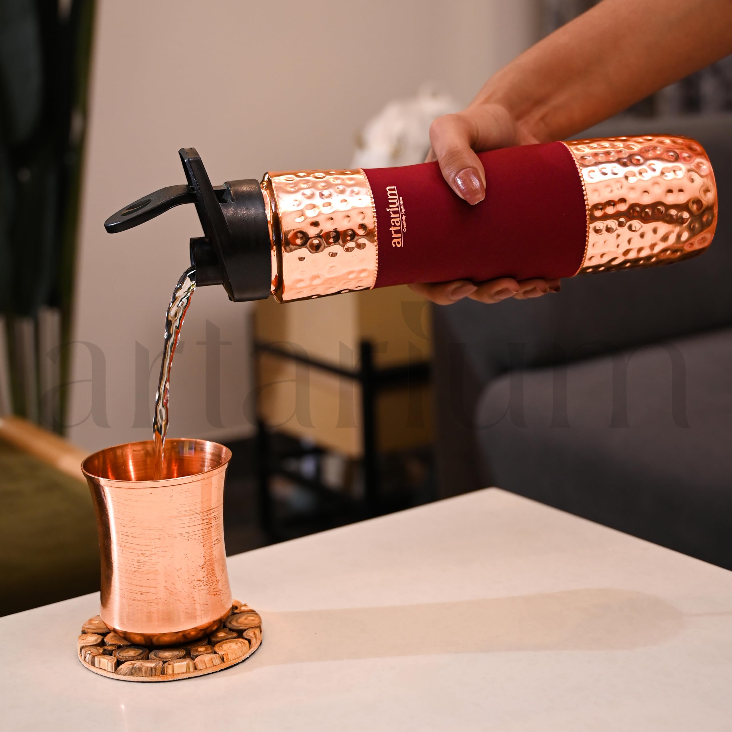 Artarium Red Sipper Pure Copper Bottle 1 Litre Advanced Leak Proof Protection Durable & Rust Proof Copper Bottle With Added Health Benefits Anti Oxidant Properties (Sipper Water Bottle Red 29Cm)