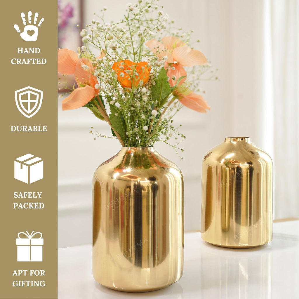 BEHOMA Metal Flower Vase Set of 2, Gold